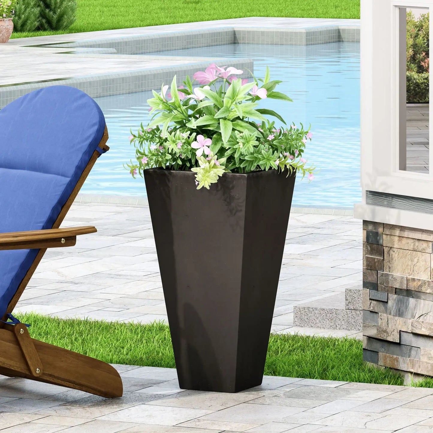 Outdoor Modern Cast Stone Planter by HouseOfZazla with green foliage and pink flowers by pool on Tampa Home & Garden Store
