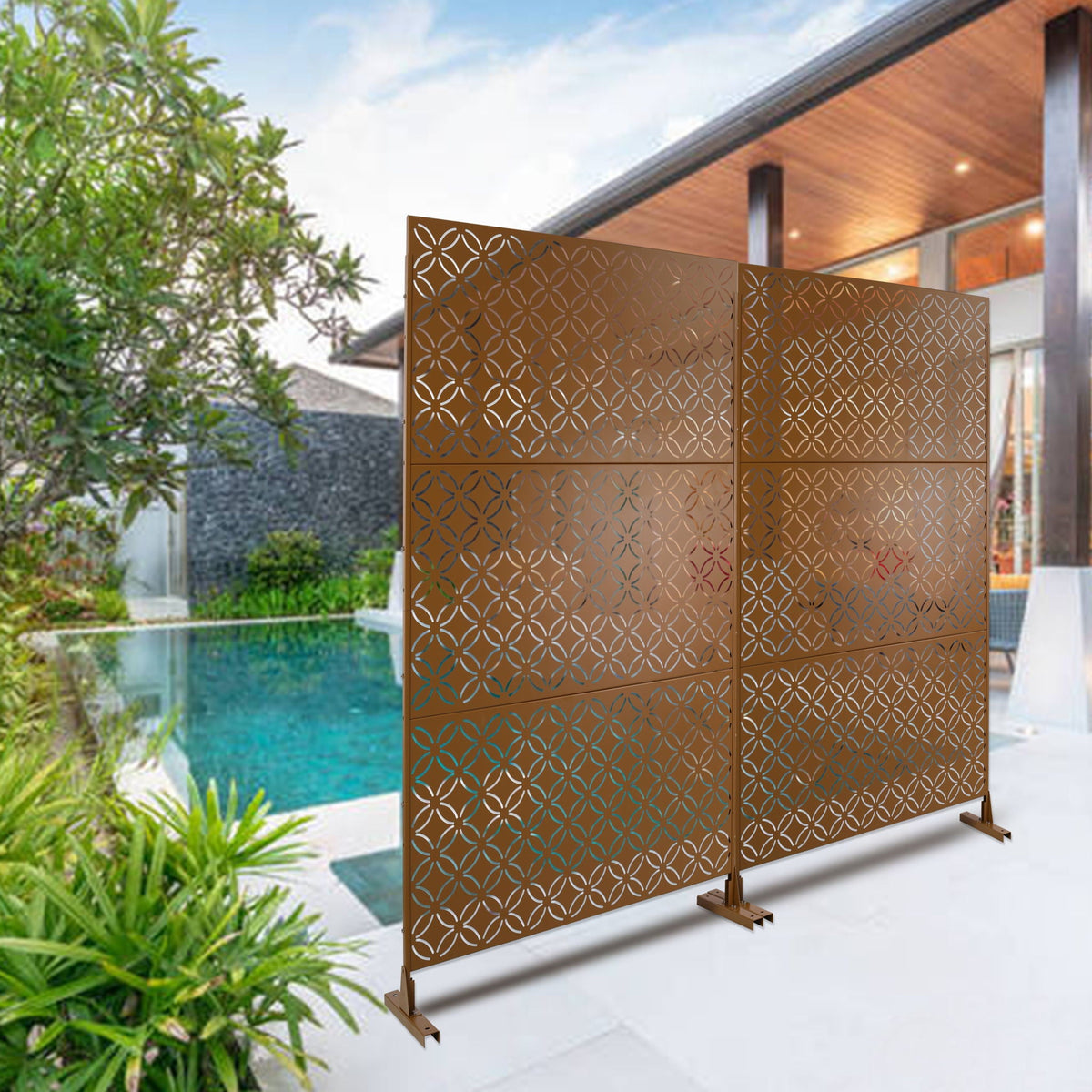 Metal decorative privacy screen in brown rustproof steel by HouseOfZazla, 2-panel room divider on Tampa Home & Garden Store