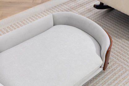 Scandinavian style elevated dog bed with gray upholstery, curved wood frame, pet sofa on Tampa Home & Garden Store