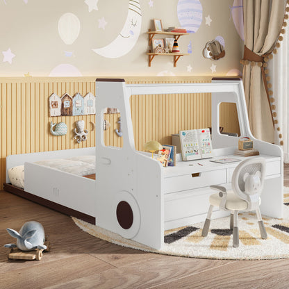 Twin size car-shaped floor bed with storage drawers in pine wood for kids room on Tampa Home & Garden Store