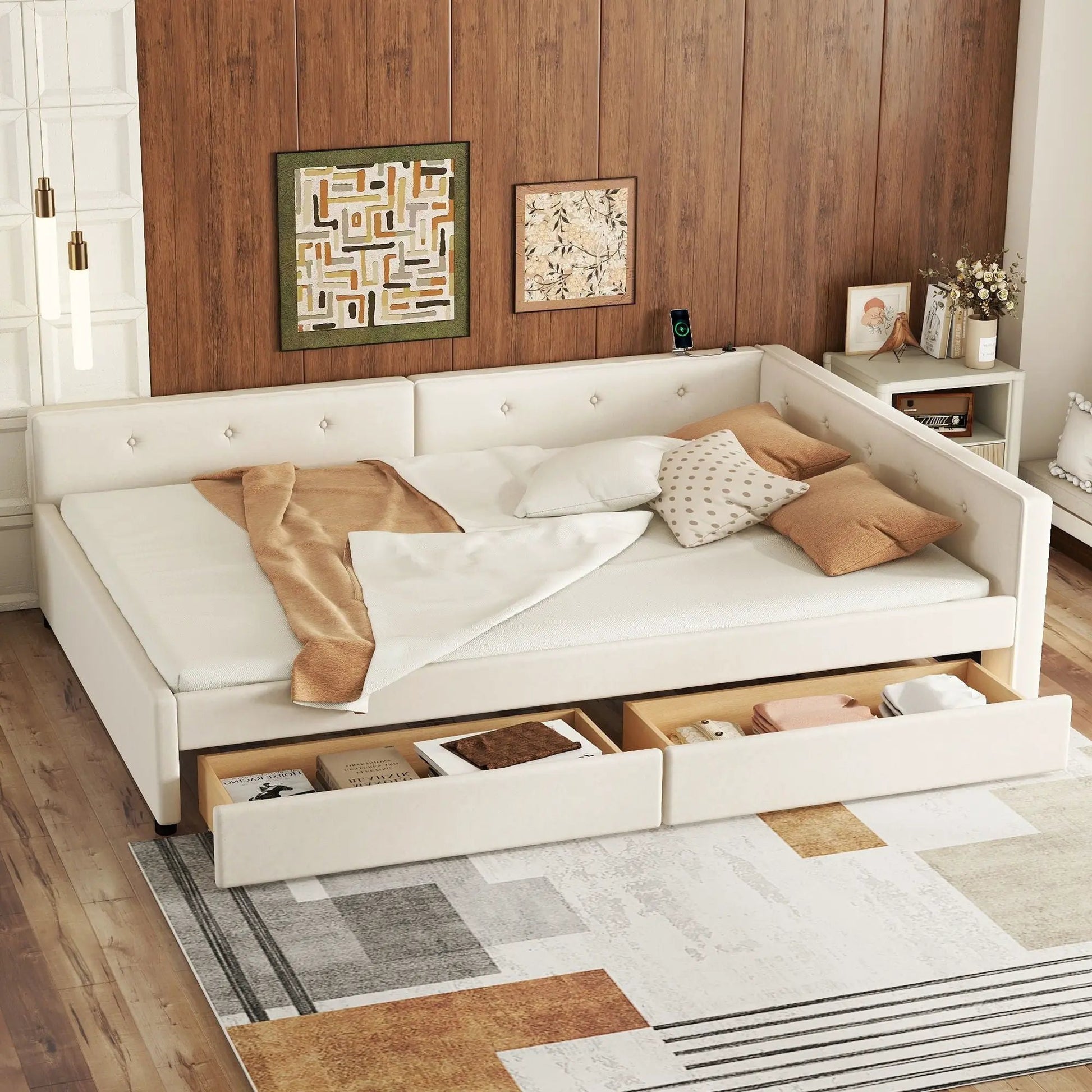 Platform bed with USB ports by Unique Piece Furniture, white upholstered frame with trundle on Tampa Home & Garden Store