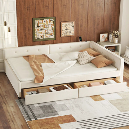 Platform bed with USB ports by Unique Piece Furniture, white upholstered frame with trundle on Tampa Home & Garden Store