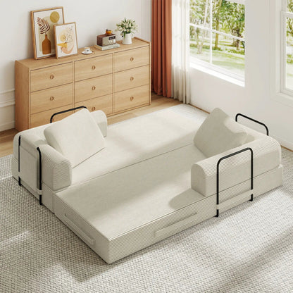 Convertible sleeper futon sofa with cylindrical pillows, fixed frame, modular set on Tampa Home & Garden Store
