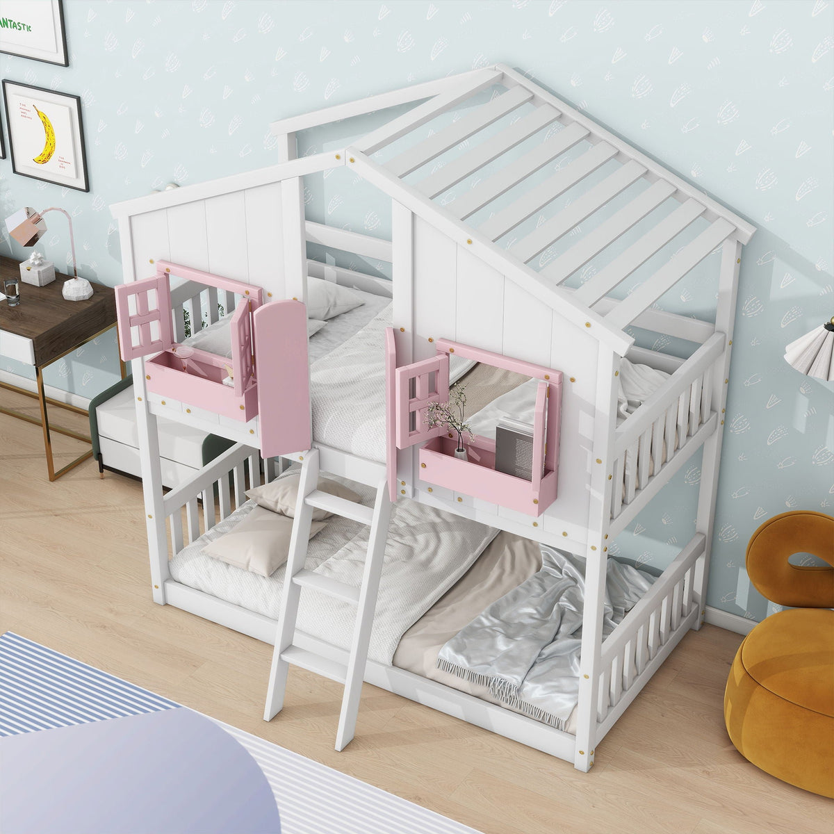 House bunk bed with roof and window, white wood, pink balcony boxes, guardrails and ladder on Tampa Home & Garden Store
