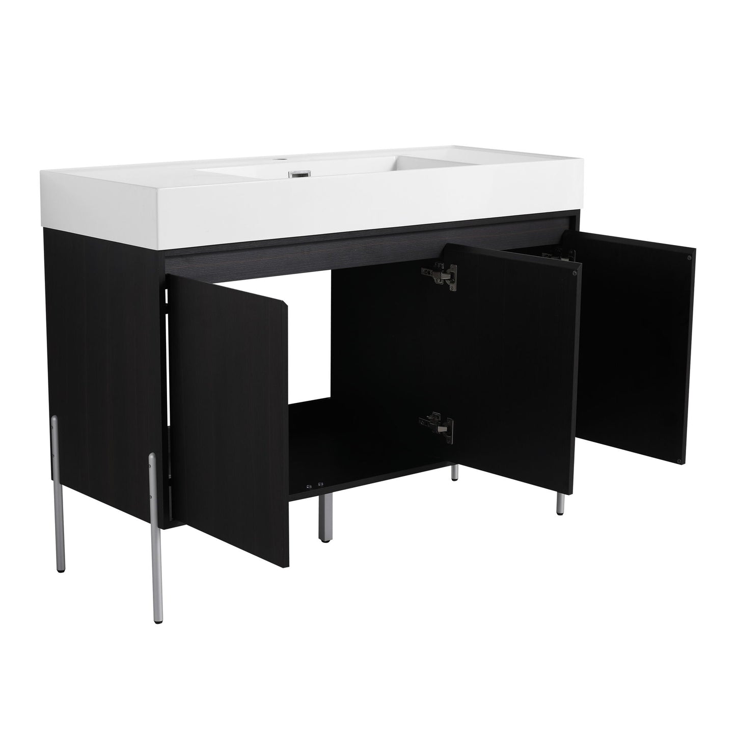 Freestanding bathroom vanity with white resin sink on a black storage cabinet on Tampa Home & Garden Store