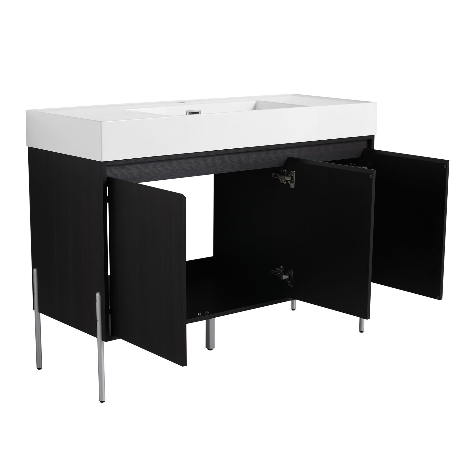 Freestanding bathroom vanity with white resin sink on a black storage cabinet on Tampa Home & Garden Store