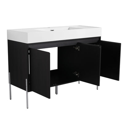 Freestanding bathroom vanity with white resin sink on a black storage cabinet on Tampa Home & Garden Store