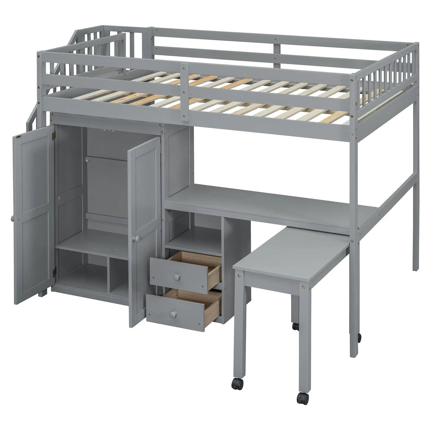 Loft bed with stairs wardrobe and drawers gray finish space-saving design on Tampa Home & Garden Store