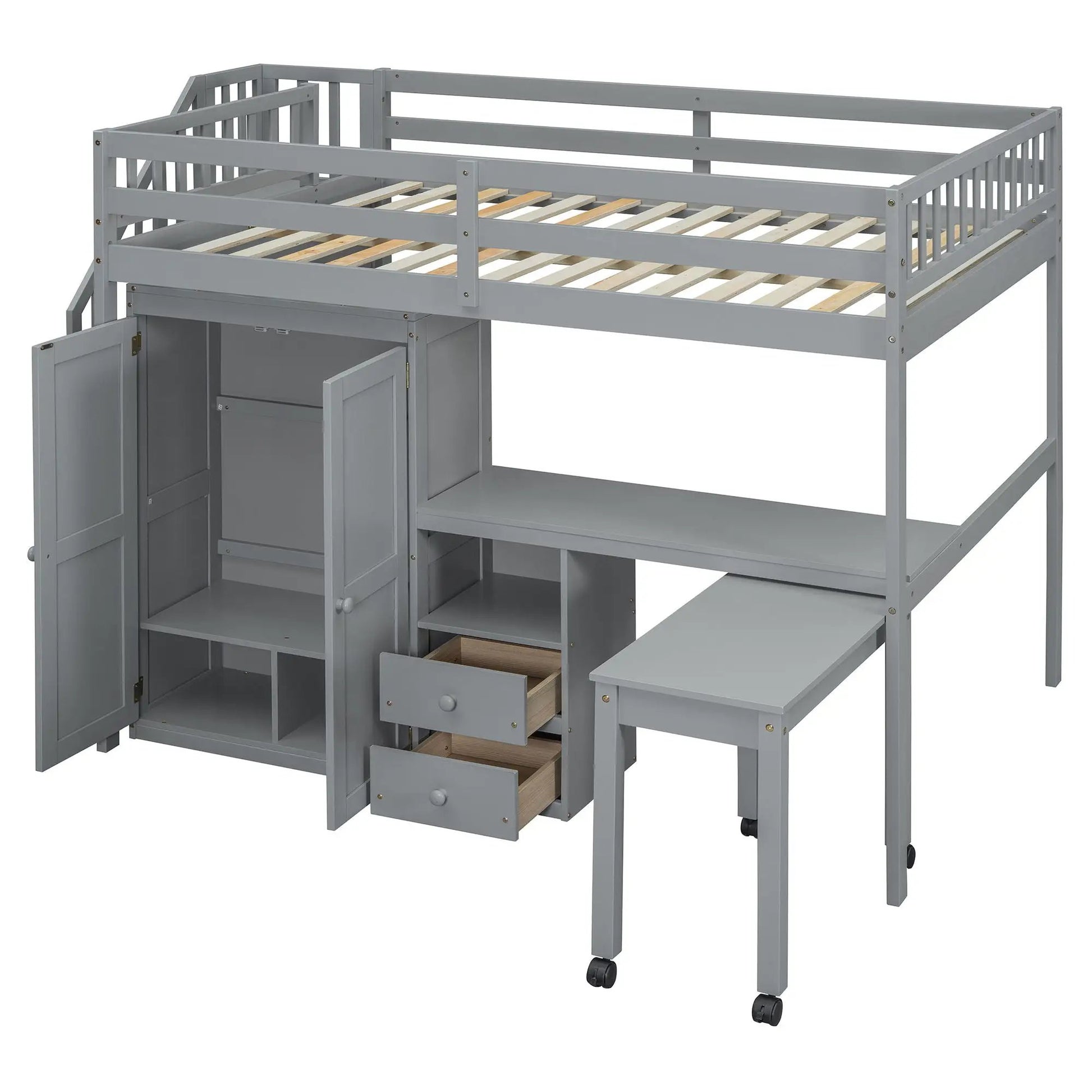 Loft bed with stairs wardrobe and drawers gray finish space-saving design on Tampa Home & Garden Store