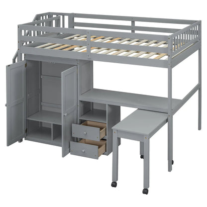 Loft bed with stairs wardrobe and drawers gray finish space-saving design on Tampa Home & Garden Store