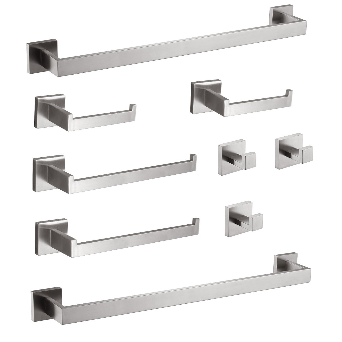 HouseOfZazla 9-Piece brushed nickel bathroom hardware set with square mounts and towel bars on Tampa Home & Garden Store