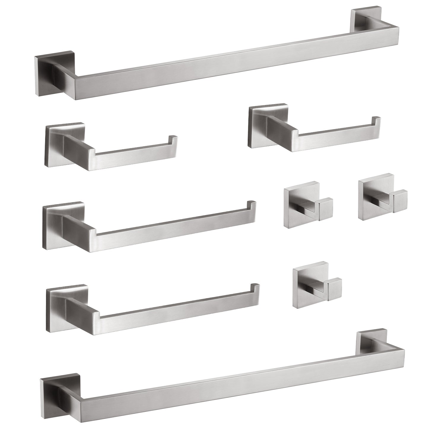 HouseOfZazla 9-Piece brushed nickel bathroom hardware set with square mounts and towel bars on Tampa Home & Garden Store