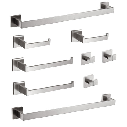 HouseOfZazla 9-Piece brushed nickel bathroom hardware set with square mounts and towel bars on Tampa Home & Garden Store