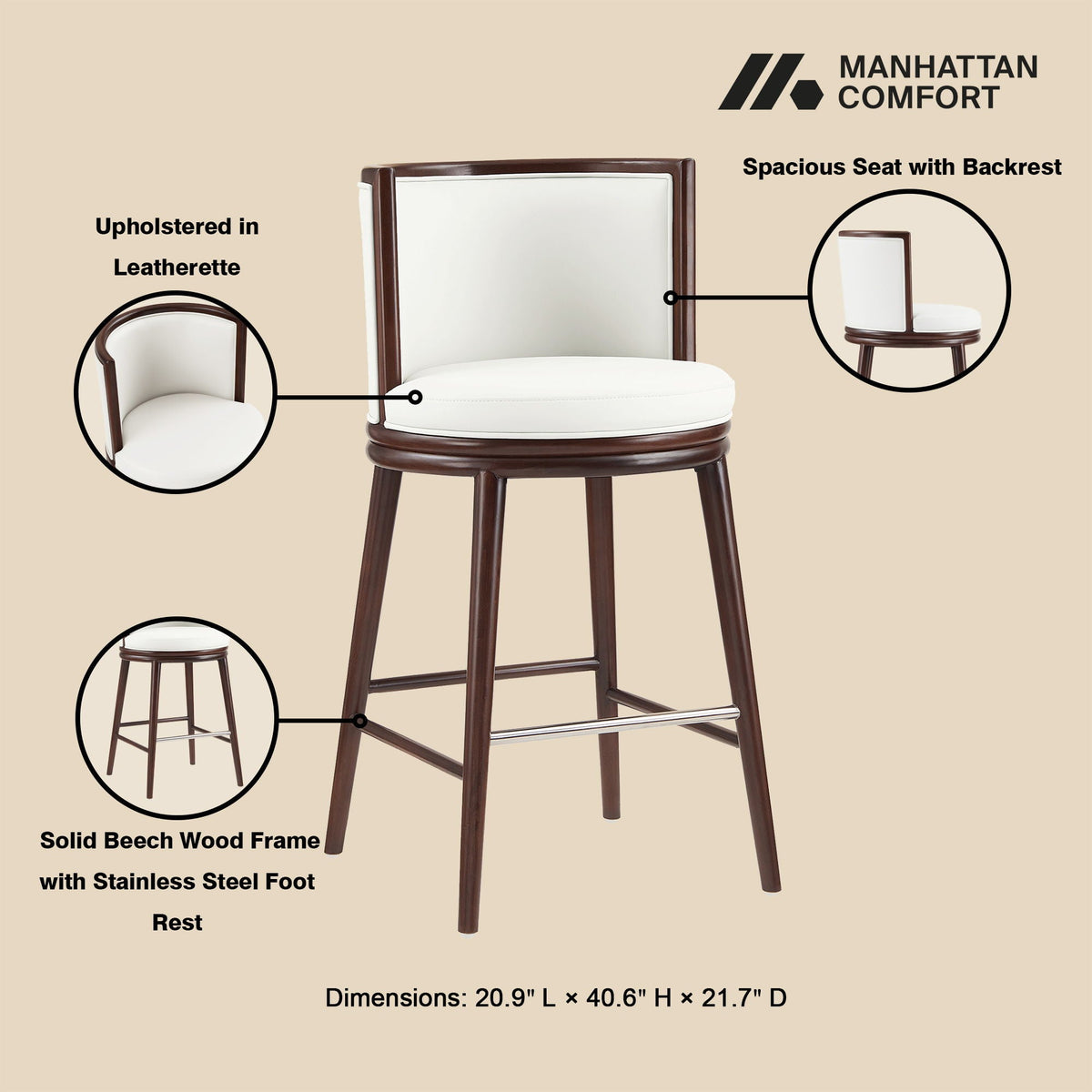 Evalyn Barstool bar height 28–30 in, dark beech wood frame, white leatherette seat on Tampa Home & Garden Store