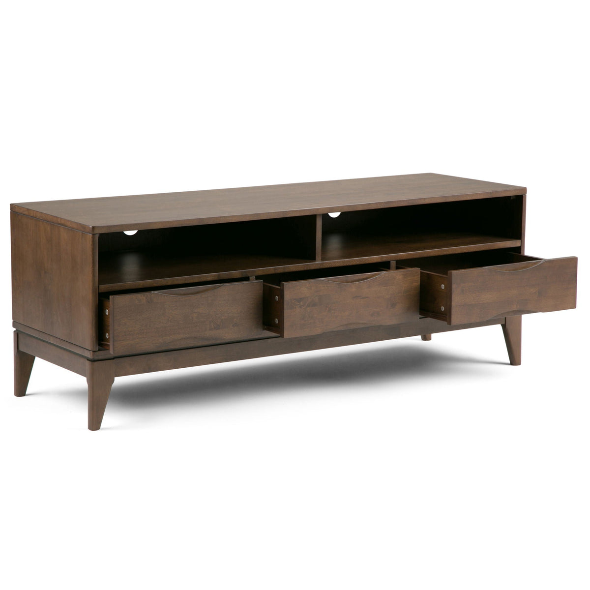 Handcrafted rubberwood TV stand with 2 drawers and open shelves in espresso by HouseOfZazla on Tampa Home & Garden Store
