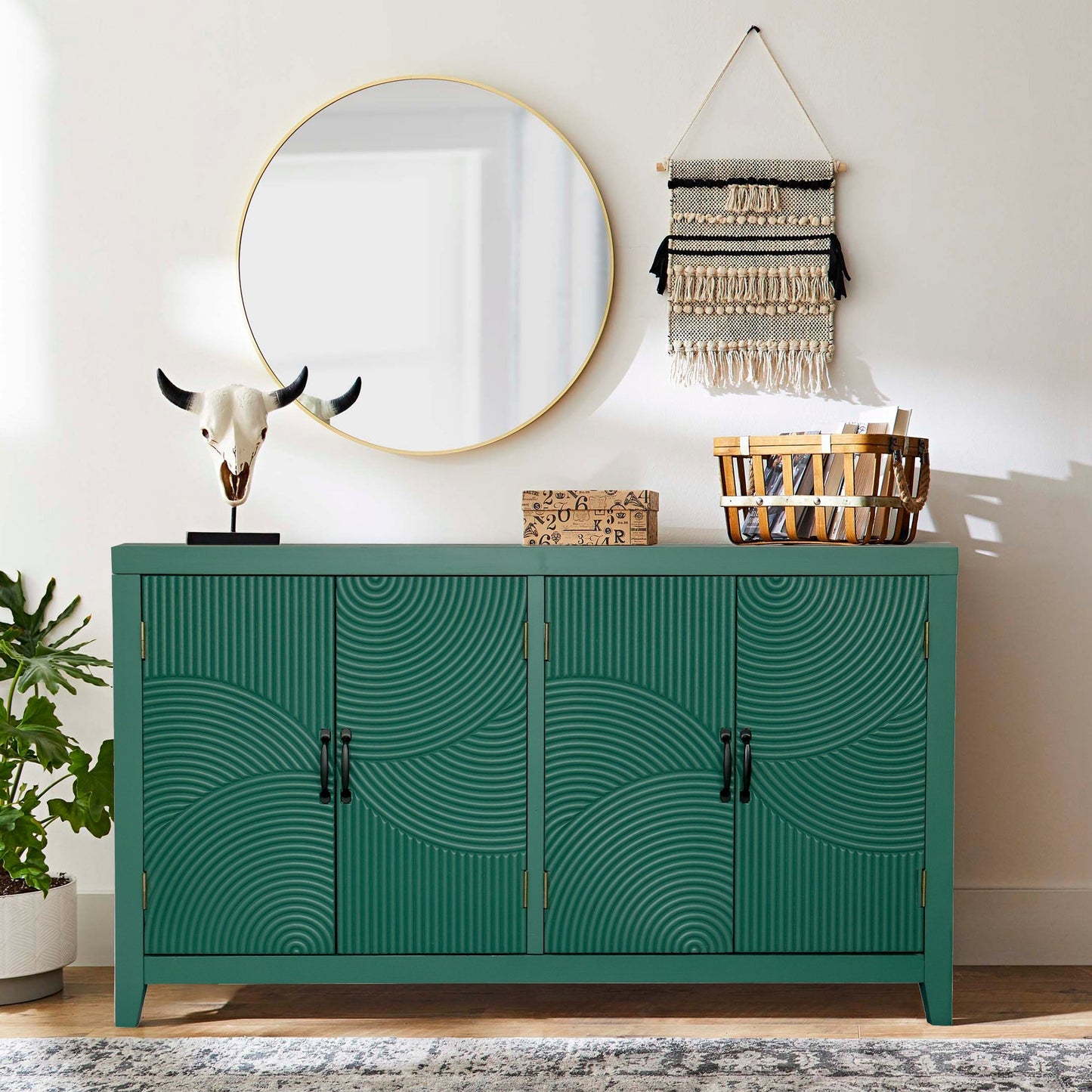 59in green accent cabinet with 4 doors featuring embossed circular panels, mid-century modern on Tampa Home & Garden Store