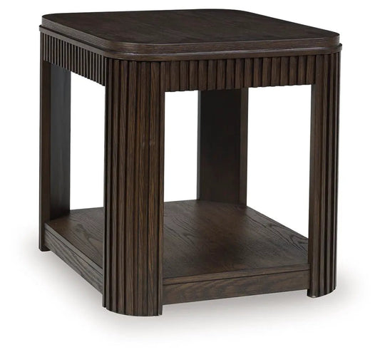 Carlibrie rectangular end table in dark wood with fluted legs and lower shelf by Unique Piece on Tampa Home & Garden Store