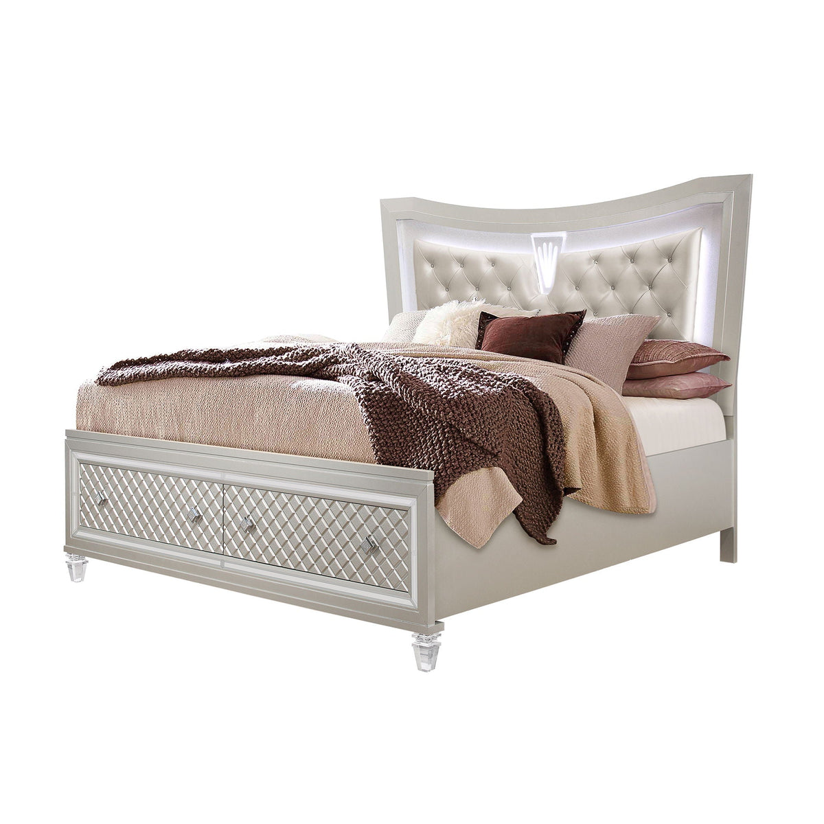 Pearl Silver Storage Bed with LED Headboard and drawer storage, HouseOfZazla on Tampa Home & Garden Store