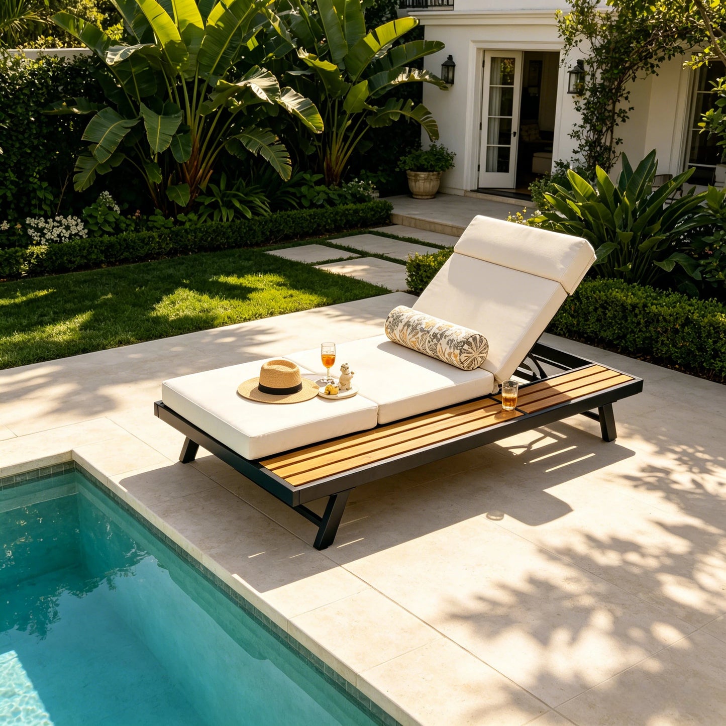 Black Iron and Teak Outdoor Chaise Lounge Set