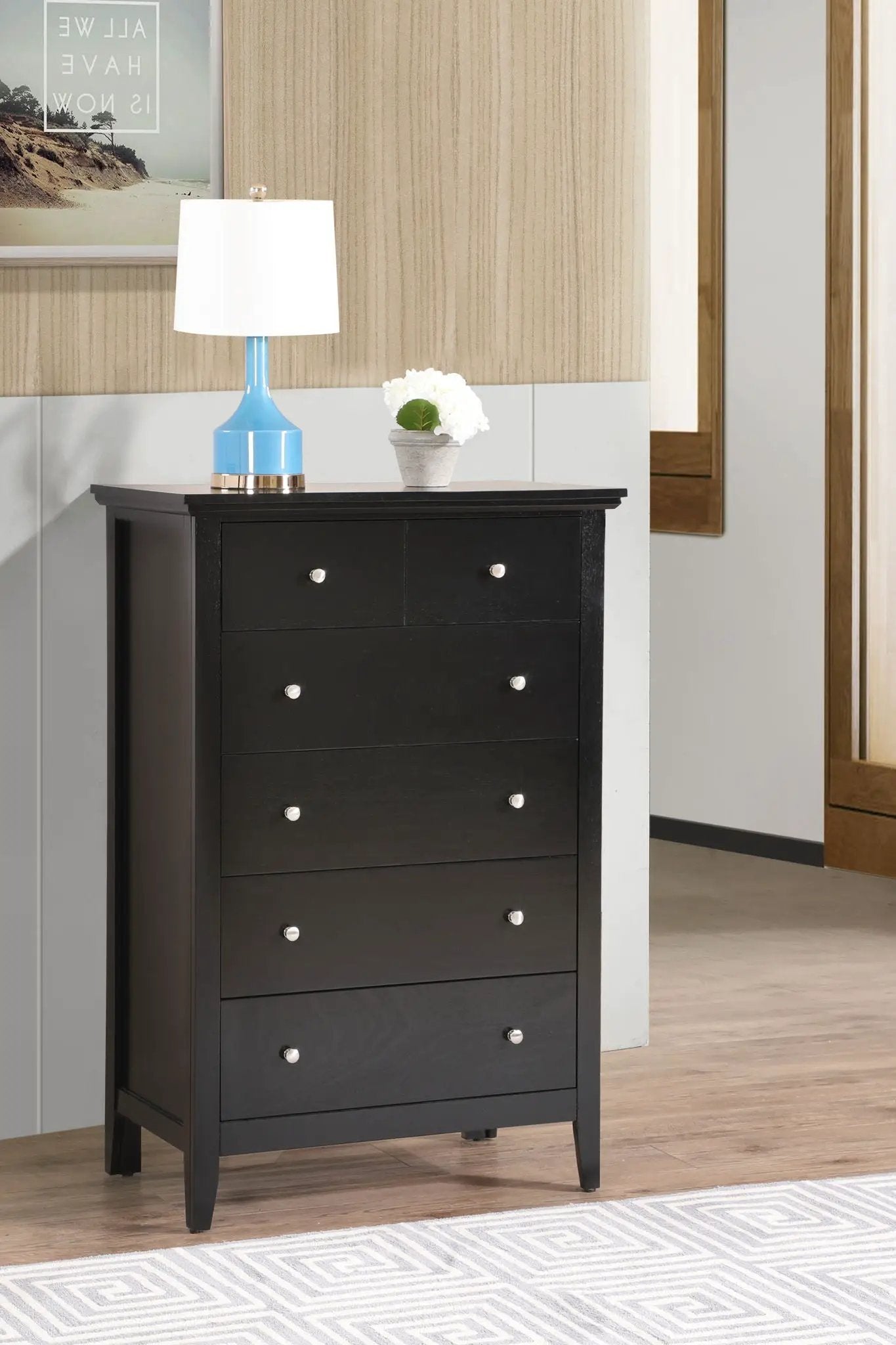 Hammond accent chest black wood with silver knobs, 5-drawer dresser by Unique Piece Furniture on Tampa Home & Garden Store