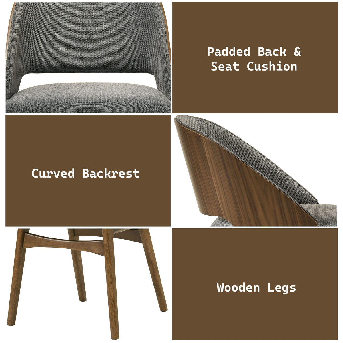 Set of 2 gray walnut side chairs with curved backrests and padded cushions, wooden legs on Tampa Home & Garden Store