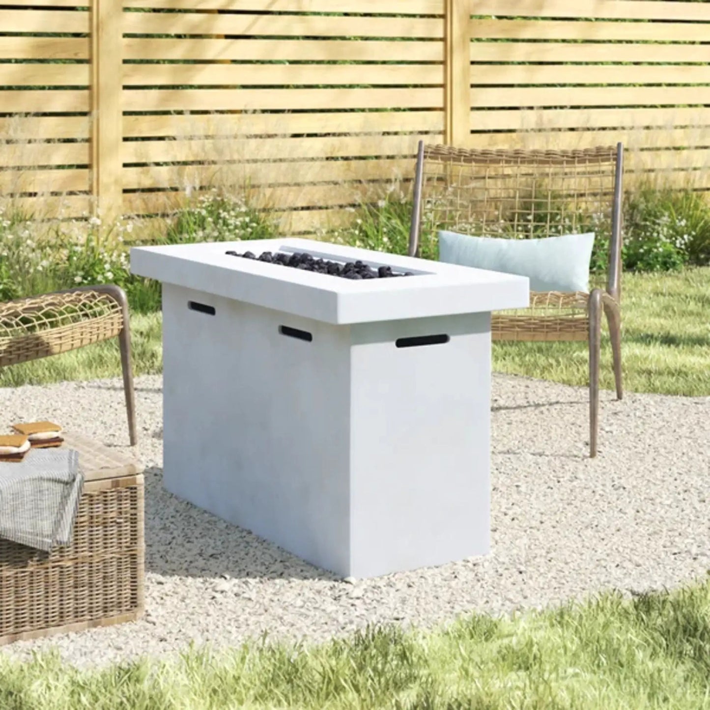 Reinforced propane outdoor fire pit table, white design with dark burner bed on Tampa Home & Garden Store