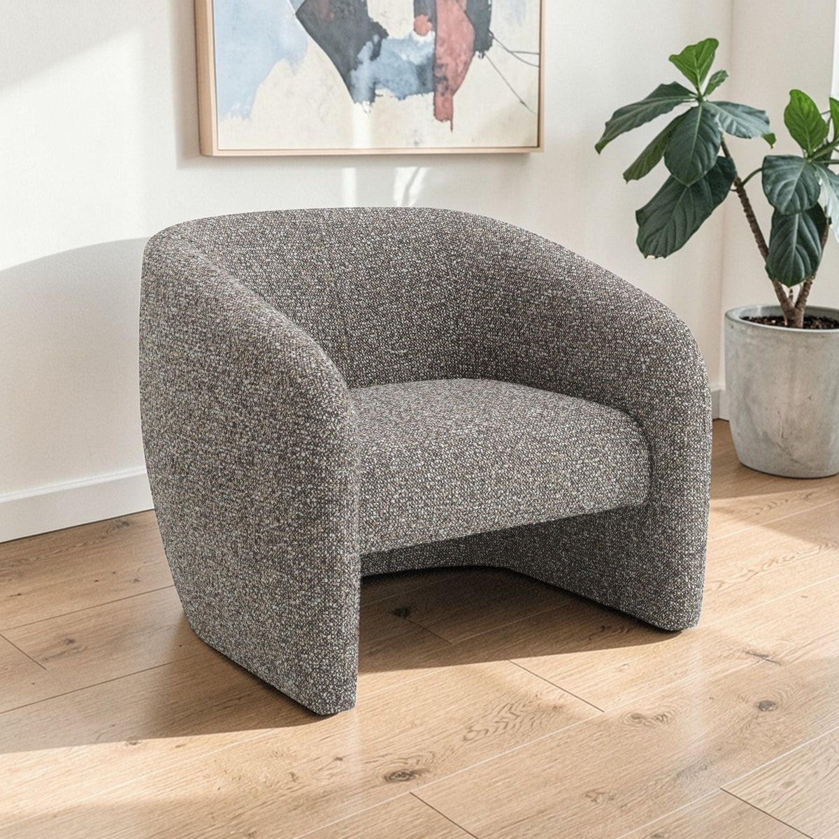 Livia brown gray tweed accent arm chair pair in living room with plant on Tampa Home & Garden Store