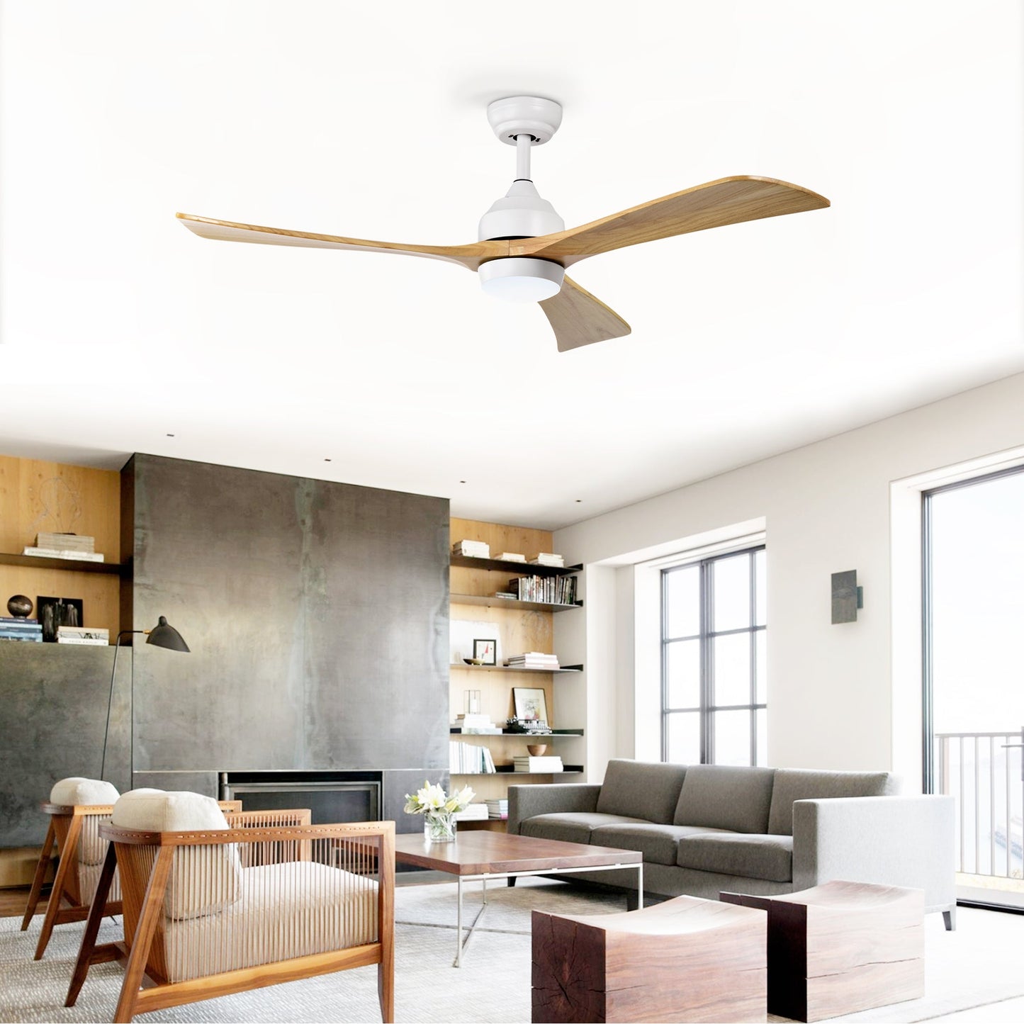 52in three-blade solid wood ceiling fan by HouseOfZazla with white housing and light kit on Tampa Home & Garden Store