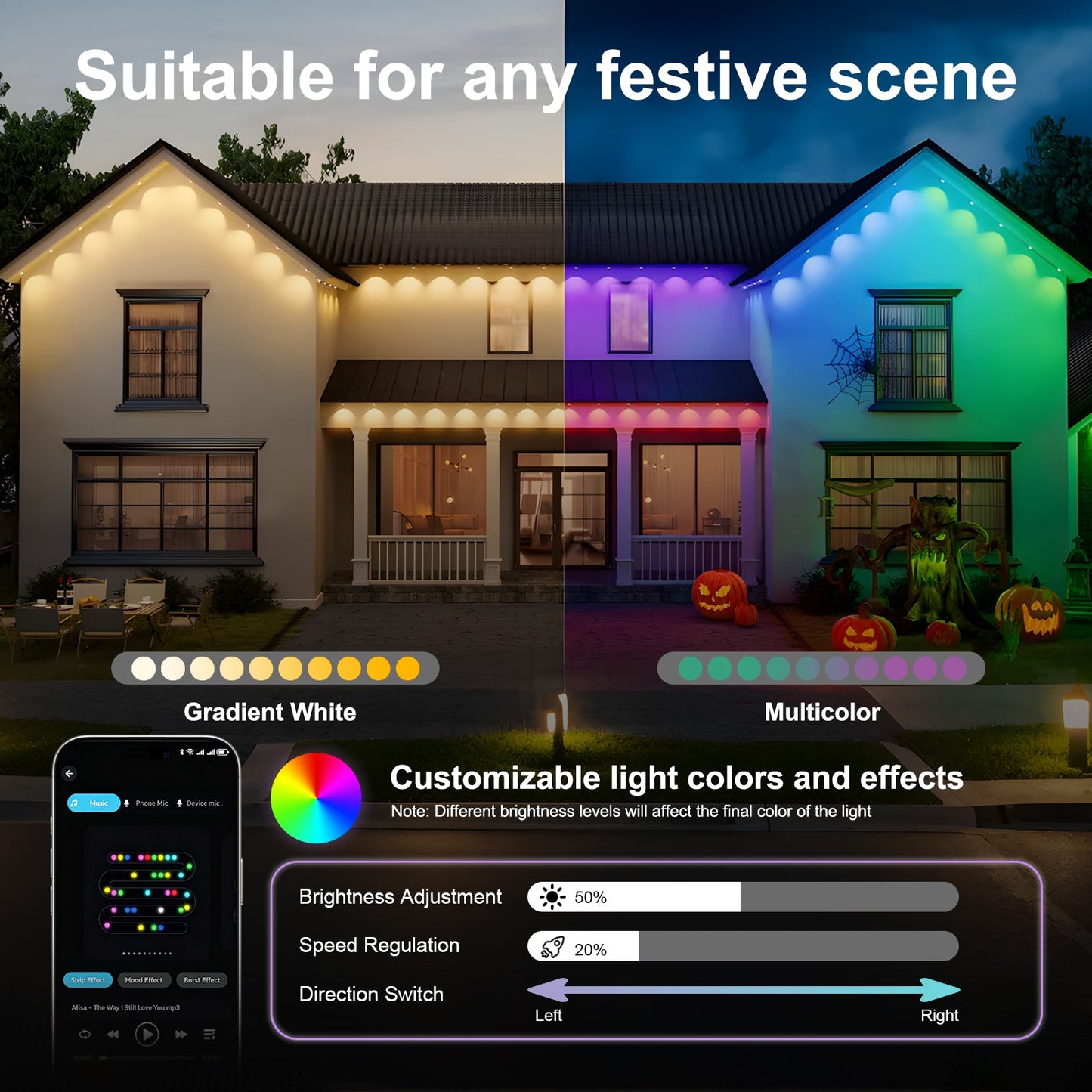 50ft Outdoor RGB String Lights with App Control