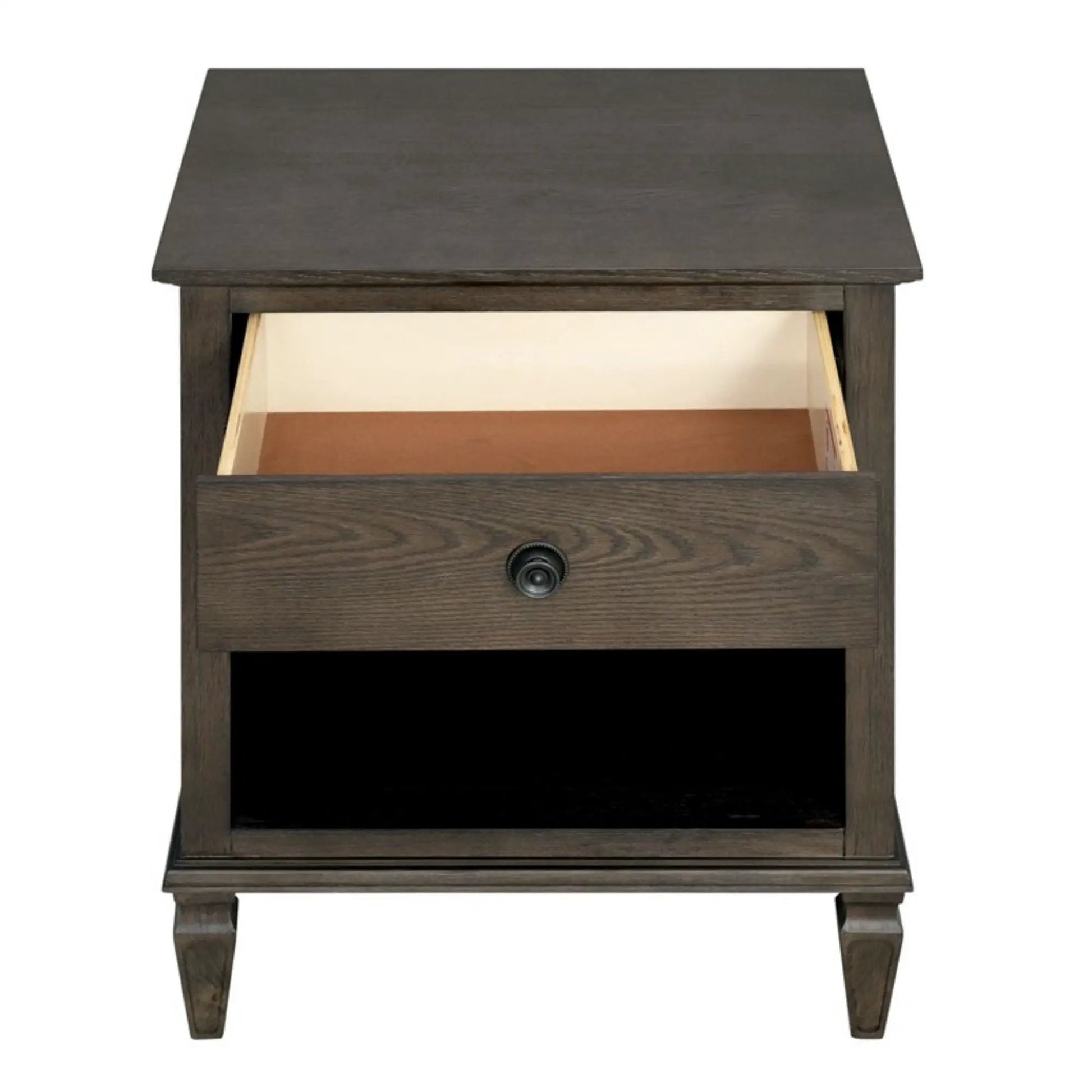 Victoria nightstand with open storage in dark wood finish, single front drawer on Tampa Home & Garden Store