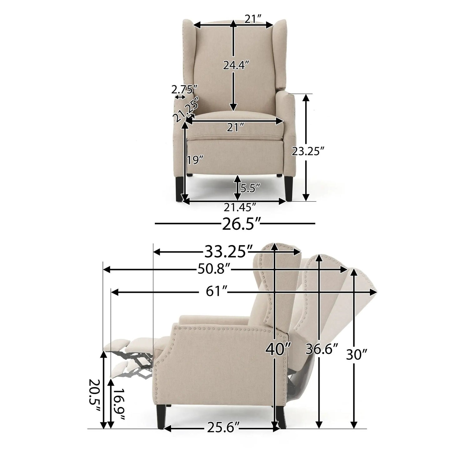 Westeros Wing Back Fabric Upholstered Recliner by Unique Piece Furniture beige fabric on Tampa Home & Garden Store