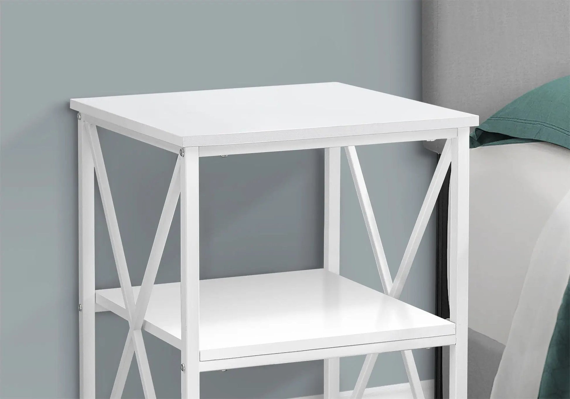 3 Tier Accent Table white with crisscross metal frame, modern contemporary design on Tampa Home & Garden Store