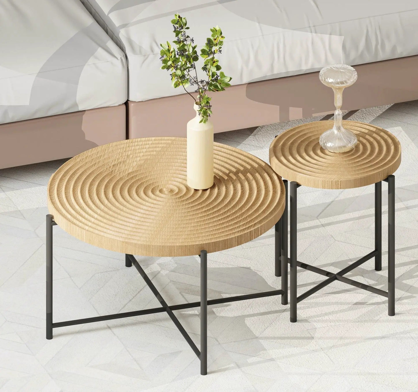 Unique Piece Furniture coffee and end table set with round ribbed wood tops and black frame legs, set of 2 on Tampa Home & Garden Store