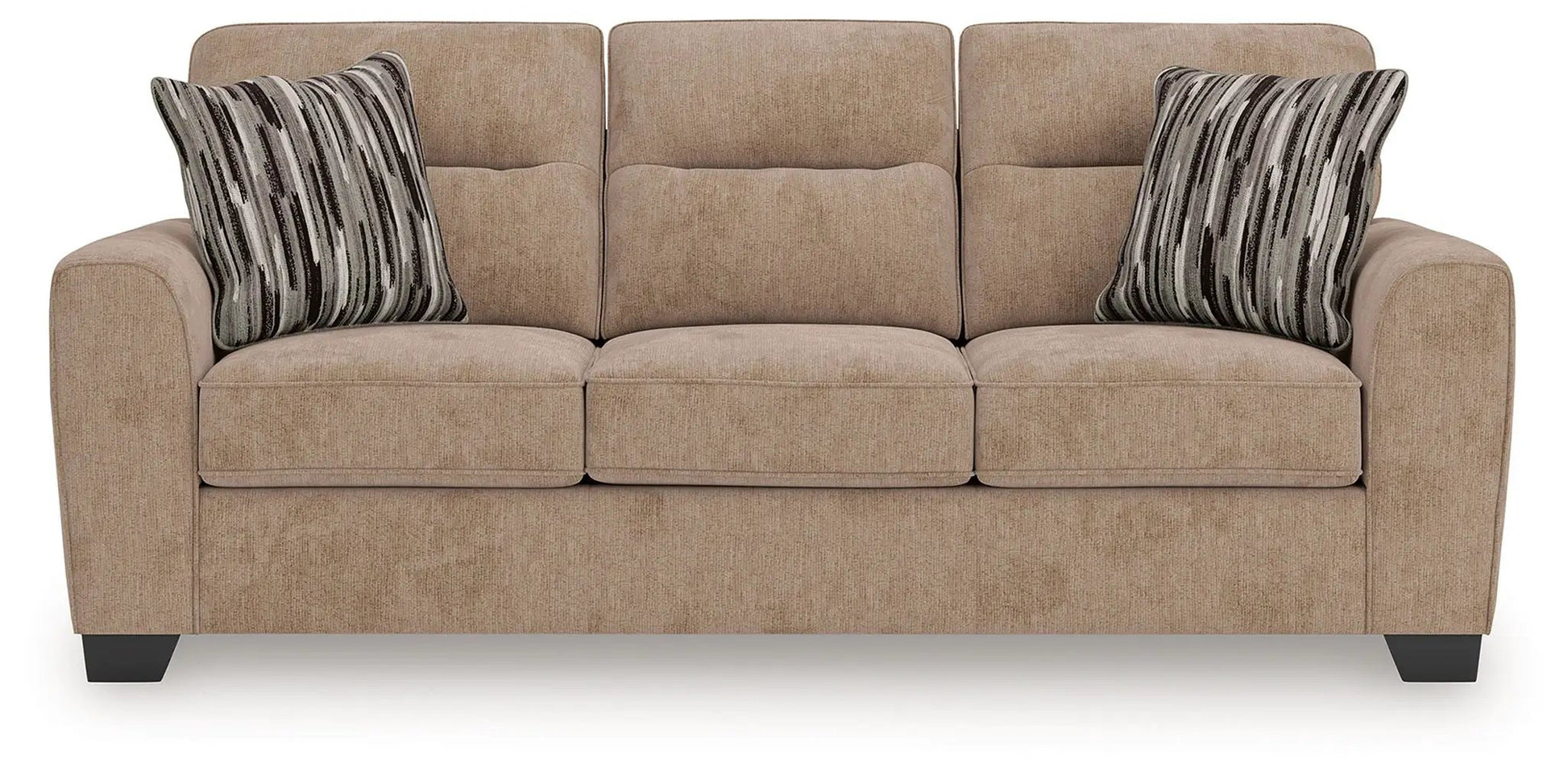 Olten sofa beige stationary sofa with three cushions and striped pillows on Tampa Home & Garden Store