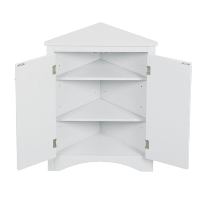 Triangle white freestanding linen cabinet with adjustable shelves and dual doors on Tampa Home & Garden Store