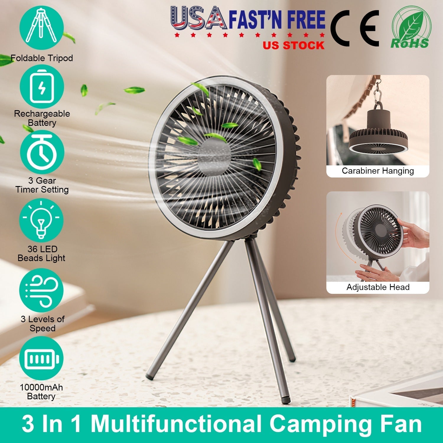 Camping Fan with Lantern by GemGear on foldable tripod, 10000mAh rechargeable battery on Tampa Home & Garden Store