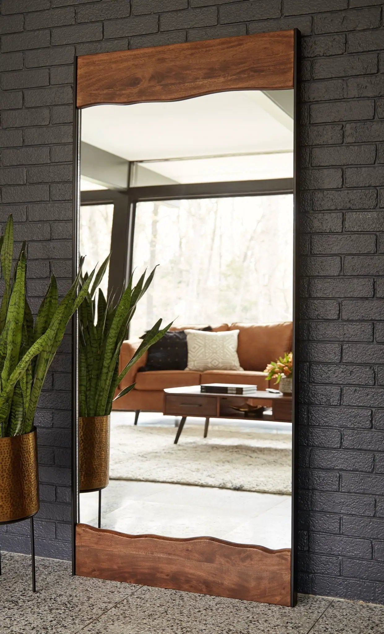 Panchali floor mirror brown wood frame with black trim, full-length by Unique Piece Furniture on Tampa Home & Garden Store