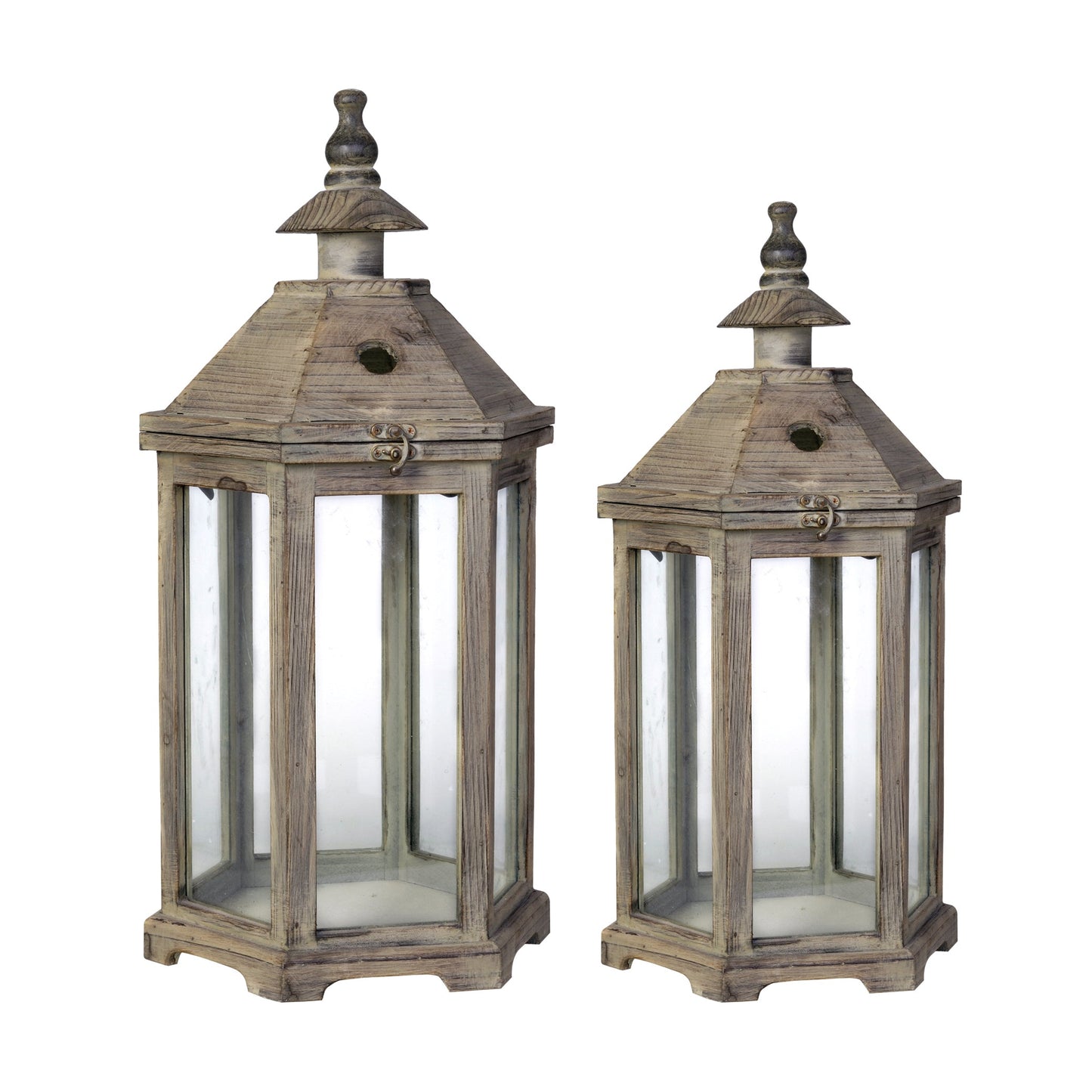 S/2 Graca Polygon Temple Garden Lanterns pair rustic wooden frames with glass panels HouseOfZazla on Tampa Home & Garden Store