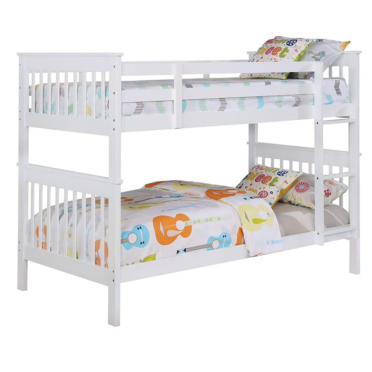 Twin over twin bunk bed with built-in ladder, white slatted headboards, HouseOfZazla on Tampa Home & Garden Store