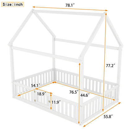 Wood House Bed with Fence and Door Sky Roof