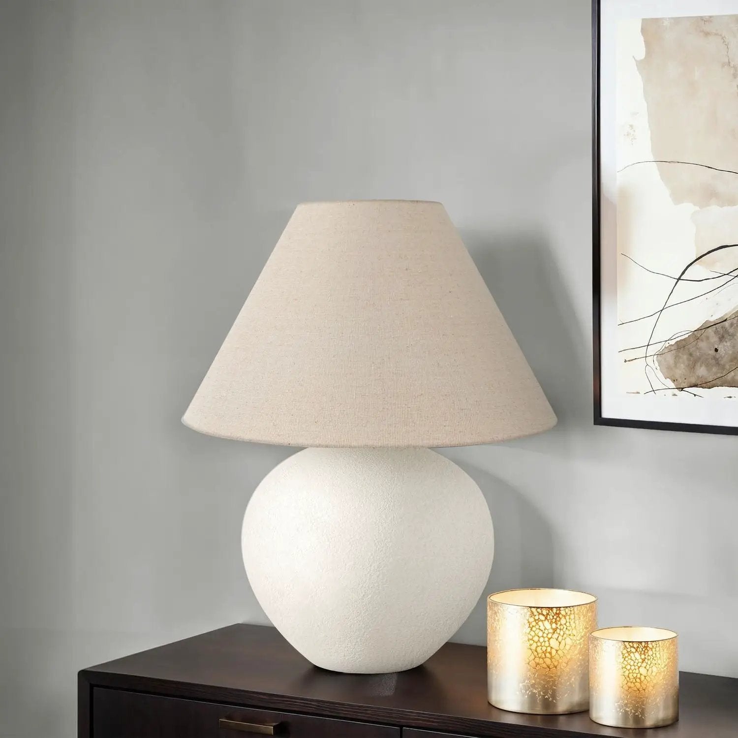 Table lamp cream linen shade with rounded textured ceramic base by Unique Piece Furniture on Tampa Home & Garden Store