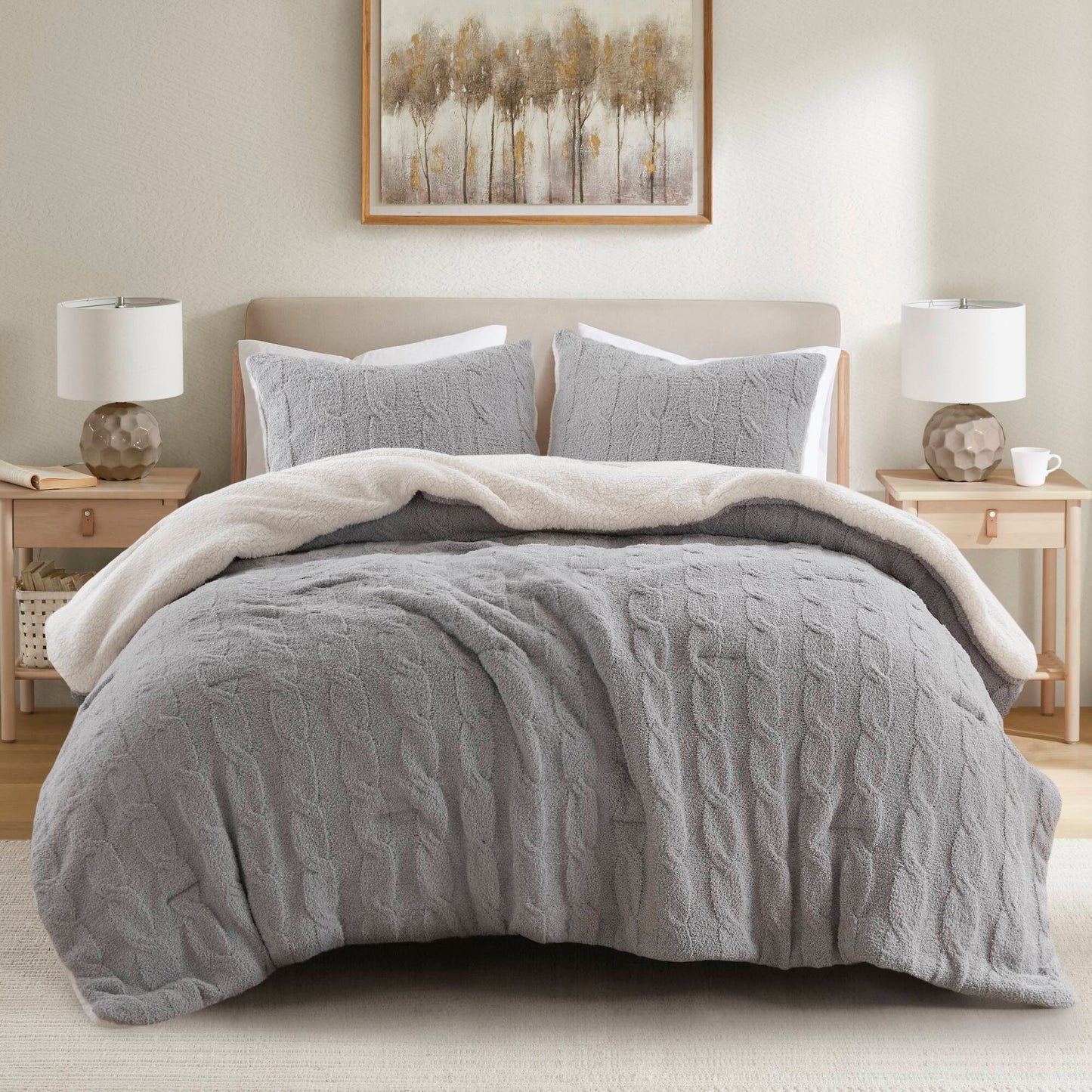 3 Pieces Full/Queen Cable Knit Chenille Comforter Set Gray by HouseOfZazla on Tampa Home & Garden Store