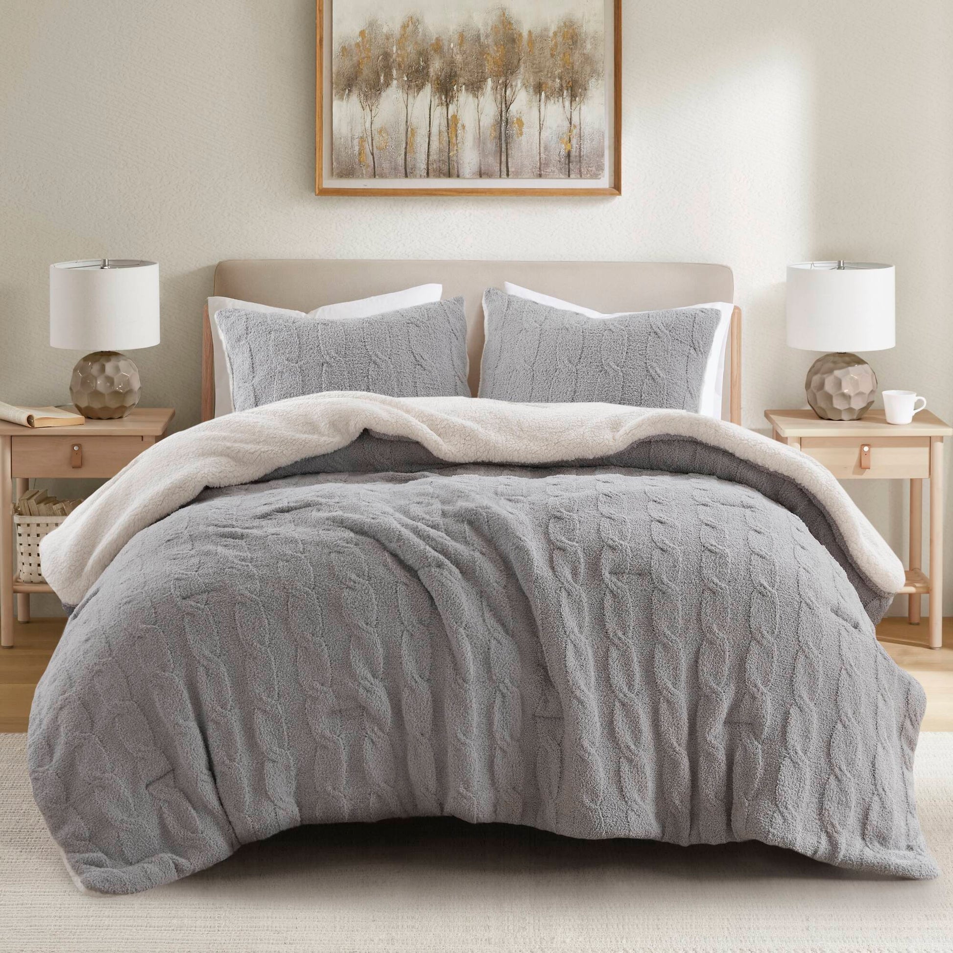 3 Pieces Full/Queen Cable Knit Chenille Comforter Set Gray by HouseOfZazla on Tampa Home & Garden Store