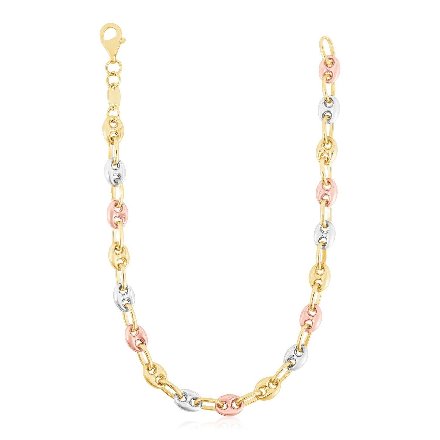 14k tri-color gold puffed mariner link chain necklace yellow rose and white gold on Tampa Home & Garden Store