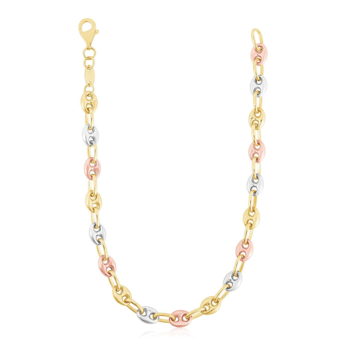 14k tri-color gold puffed mariner link chain necklace yellow rose and white gold on Tampa Home & Garden Store