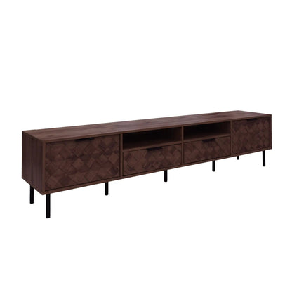 Walnut TV stand with six closed storage doors and open cubby shelves on Tampa Home & Garden Store