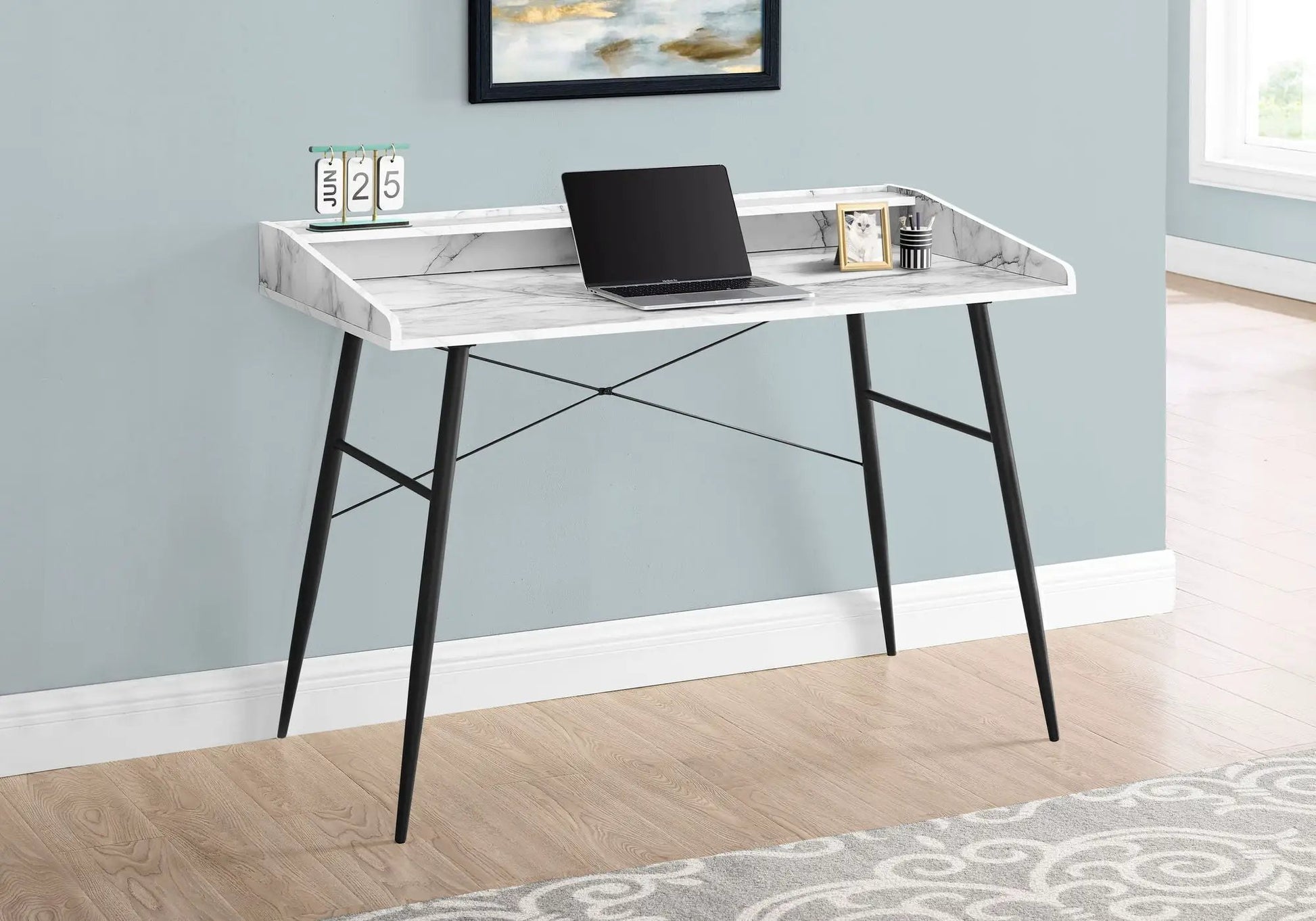 Computer desk with marble top and black legs, laptop and frame, modern Unique Piece Furniture on Tampa Home & Garden Store