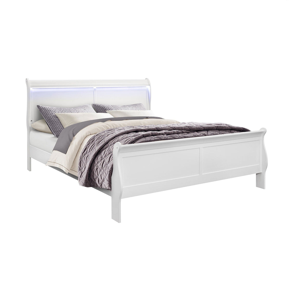 Charlston LED sleigh bed in white finish with illuminated headboard and gray quilted bedding on Tampa Home & Garden Store
