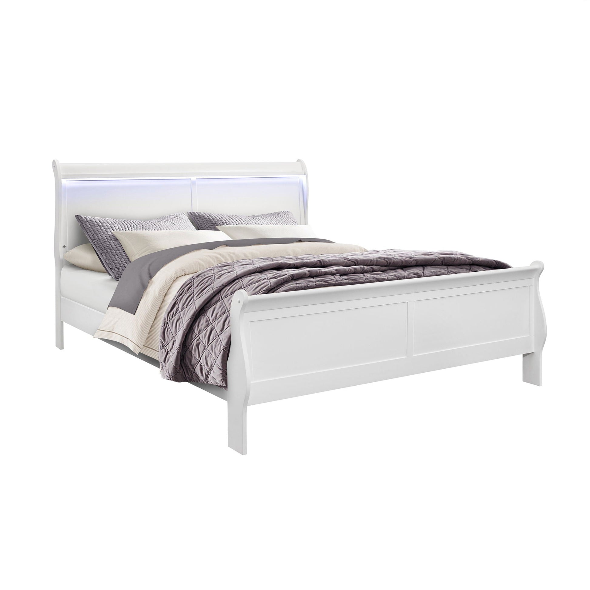 Charlston LED sleigh bed in white finish with illuminated headboard and gray quilted bedding on Tampa Home & Garden Store