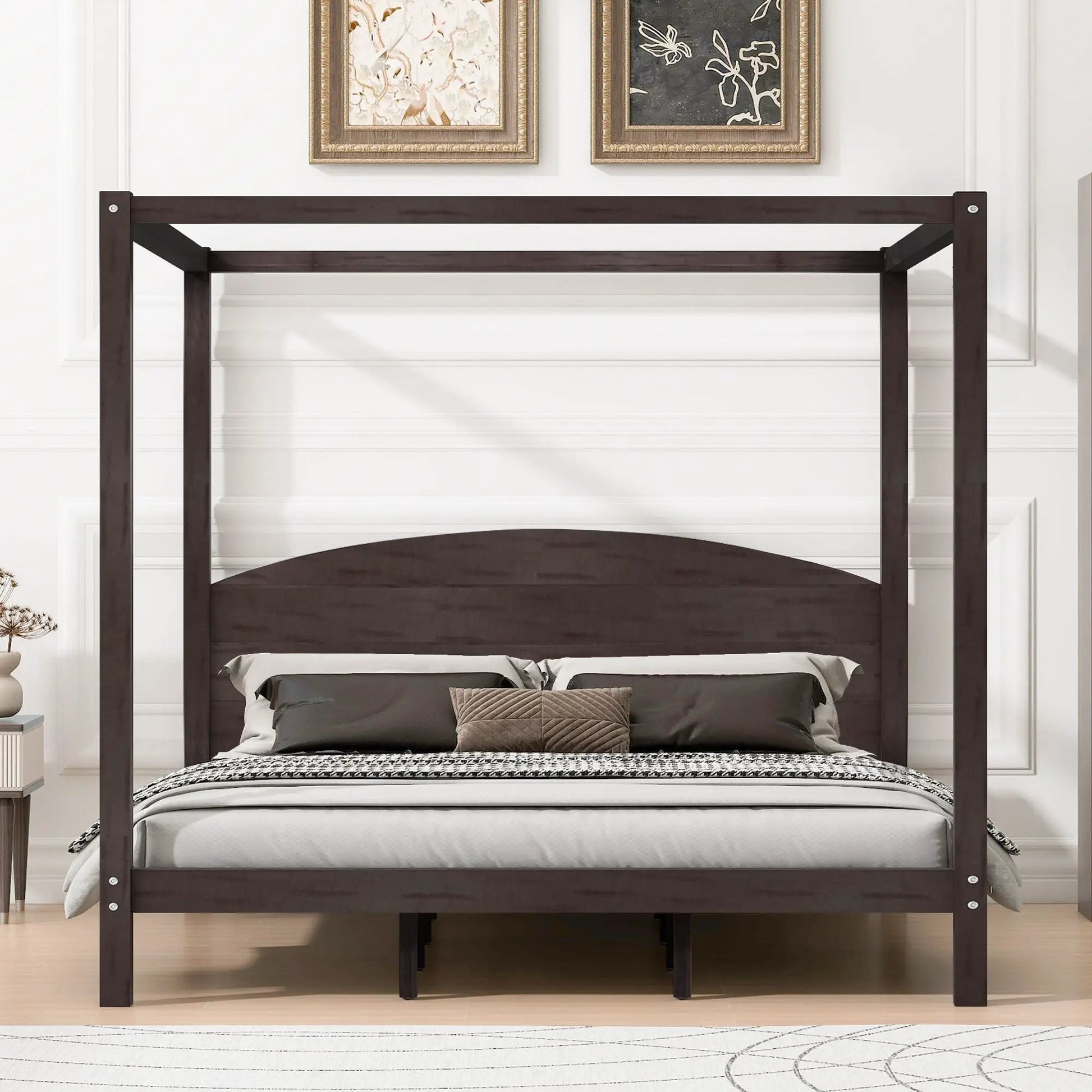 Unique Piece Furniture dark brown canopy platform bed with headboard and support legs on Tampa Home & Garden Store